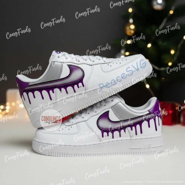 Alternative view of Hand Painted Purple Gray Drips AF1 Sneakers: Custom Color Block Shoes