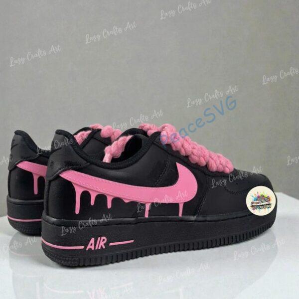 Custom Black Sneakers with Pink Drip | Hand-Painted Braided Laces