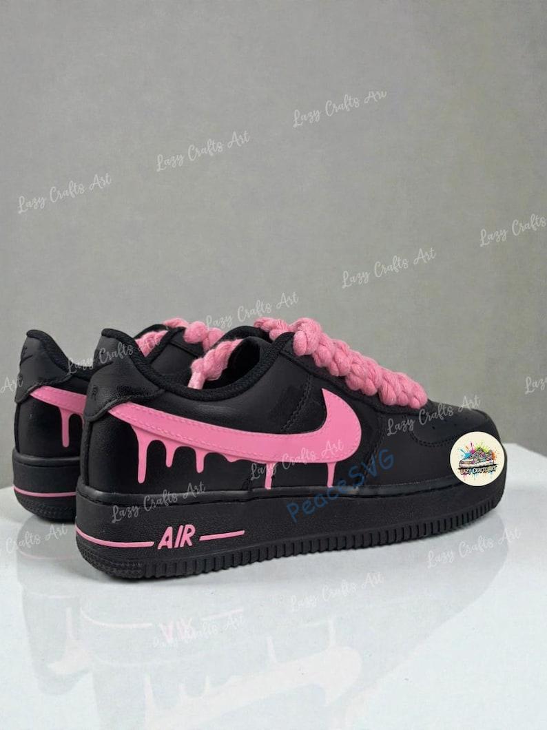 Custom Black Sneakers with Pink Drip | Hand-Painted Braided Laces