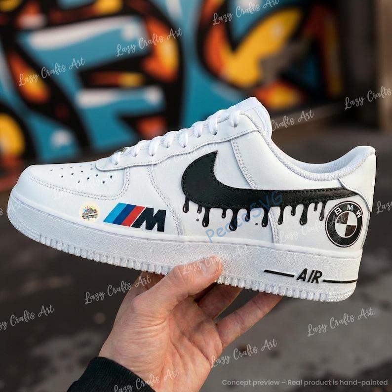 Personalized BMW Black Drip Air Force 1 Sneakers: Hand-Painted Luxury Car AF1 Shoes