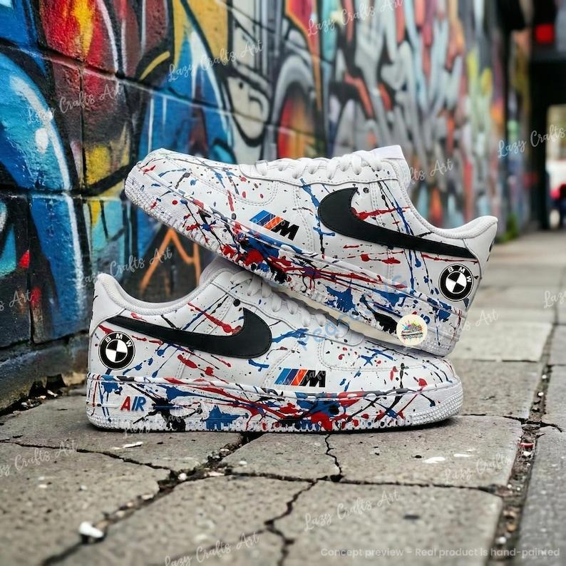 Hand-Painted BMW Splatter Air Force 1 Sneakers: Custom BMW Black Swooh AF1 Shoes