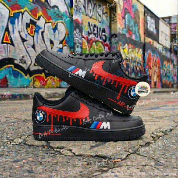 Personalized BMW Red Drip Air Force 1 Sneakers: Hand Painted BMW AF1 Shoes