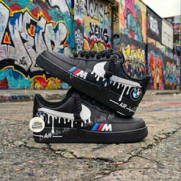 Personalized BMW White Drip Air Force 1 Sneakers: Hand Painted BMW AF1 Shoes