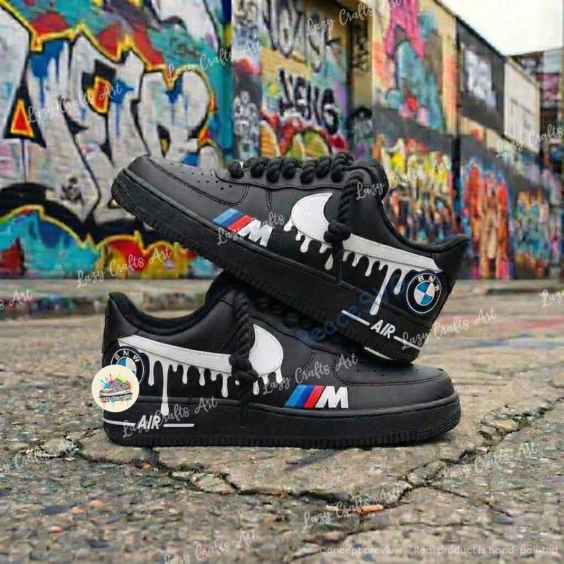 Personalized BMW White Drip Air Force 1 Sneakers: Hand Painted BMW AF1 Shoes