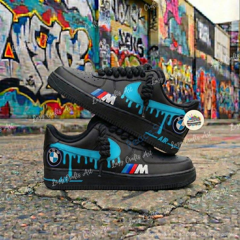 Personalized BMW Light Blue Drip Air Force 1 Sneakers: Hand Painted BMW AF1 Shoes