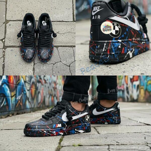 Alternative view of Custom BMW Splatter Air Force 1 Sneakers: Personalized BMW Black AF1 Shoes