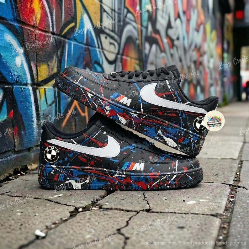 Custom BMW Splatter Air Force 1 Sneakers: Personalized BMW Black AF1 Shoes