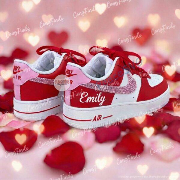 Alternative view of Custom Rhinestone Valentine Couple Air Force 1 Sneakers, Personalized Name Red & White AF1 Shoes