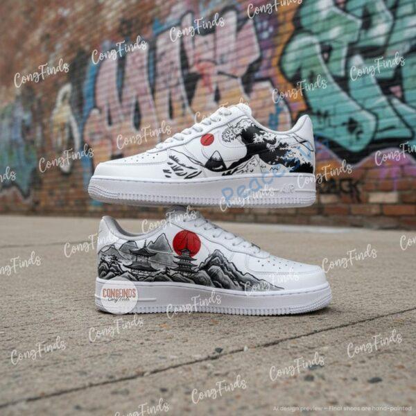 Custom Japanese Mt Fuji Air Force 1, Great Wave Red Sun Hand Painted Sneakers, Black White Art Shoes, Gift for Him Her