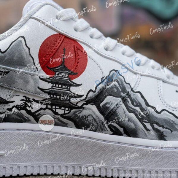 Alternative view of Custom Japanese Mt Fuji Air Force 1, Great Wave Red Sun Hand Painted Sneakers, Black White Art Shoes, Gift for Him Her