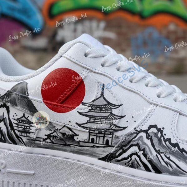 Alternative view of Personalized Japanese Mt Fuji Air Force 1, Great Wave Red Sun Hand Painted AF1 Sneakers, Gift for Him Her