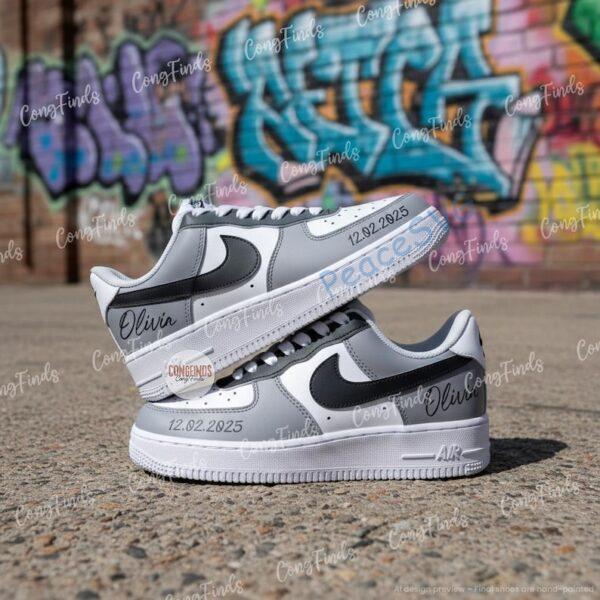 Custom Gray Air Force 1 Sneakers: Personalized Name & Date, Handmade AF1 Design