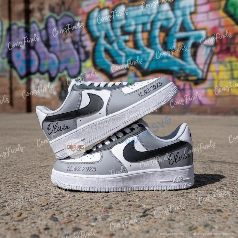Custom Gray Air Force 1 Sneakers: Personalized Name & Date