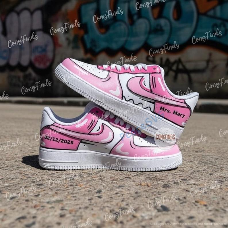 Custom Pink Comic Air Force 1 Sneakers: Hand-Painted 2D Cartoon AF1 Shoes