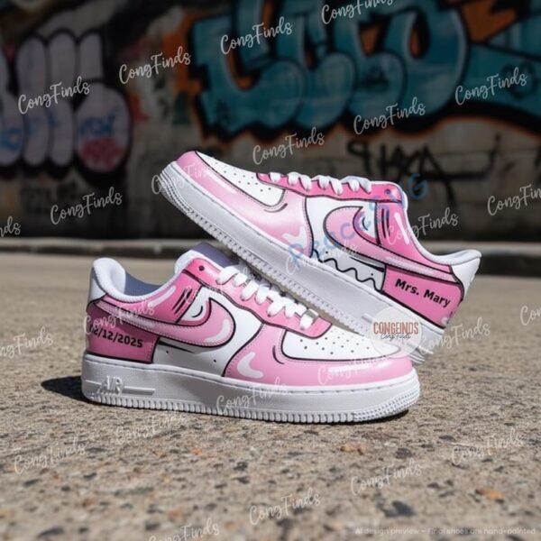 Alternative view of Custom Pink Comic Air Force 1 Sneakers: Hand-Painted 2D Cartoon AF1 Shoes