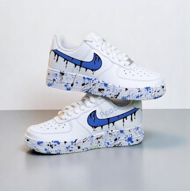 Custom Air Force 1 Blue Drip Sneakers: Hand-Painted Splatter AF1 Shoes
