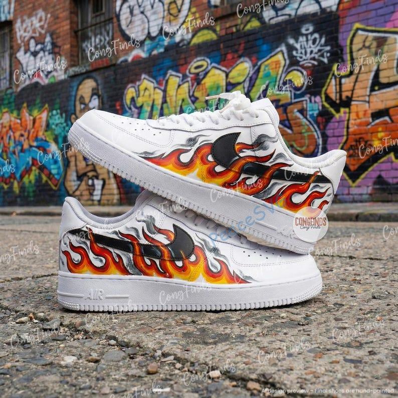 Hand-Painted Flame Air Force 1 Sneakers? Custom Fire Swoosh AF1 Shoes