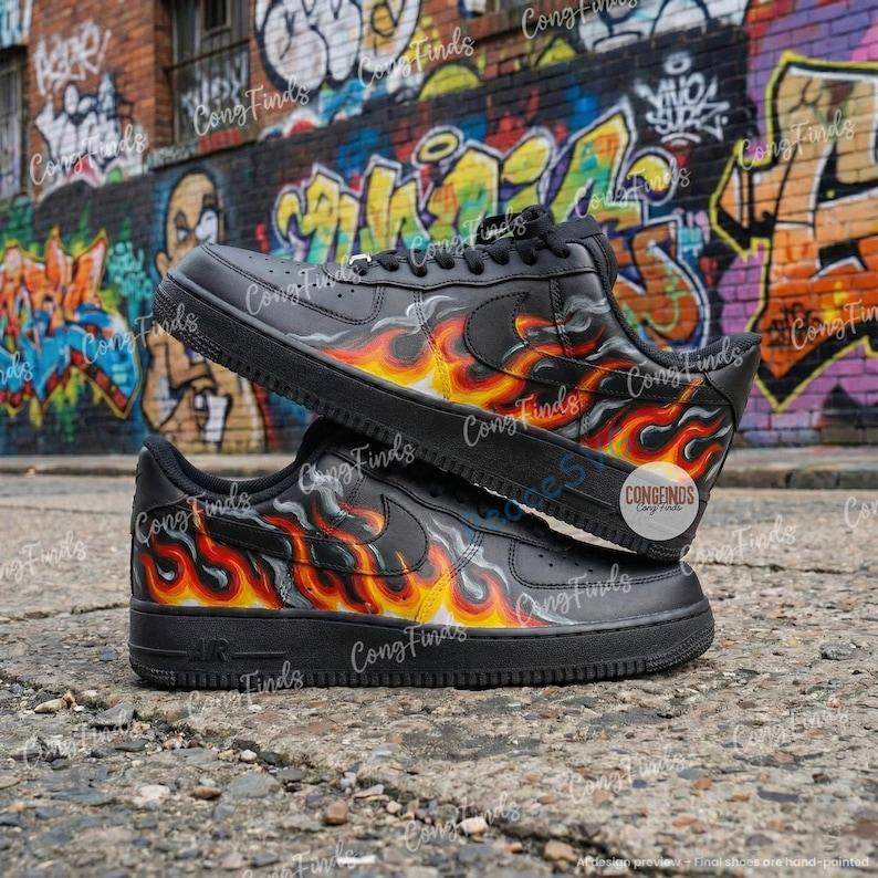 Custom Flame Air Force 1 Black Shoes ? Hand-Painted Fire Swoosh AF1 Sneakers