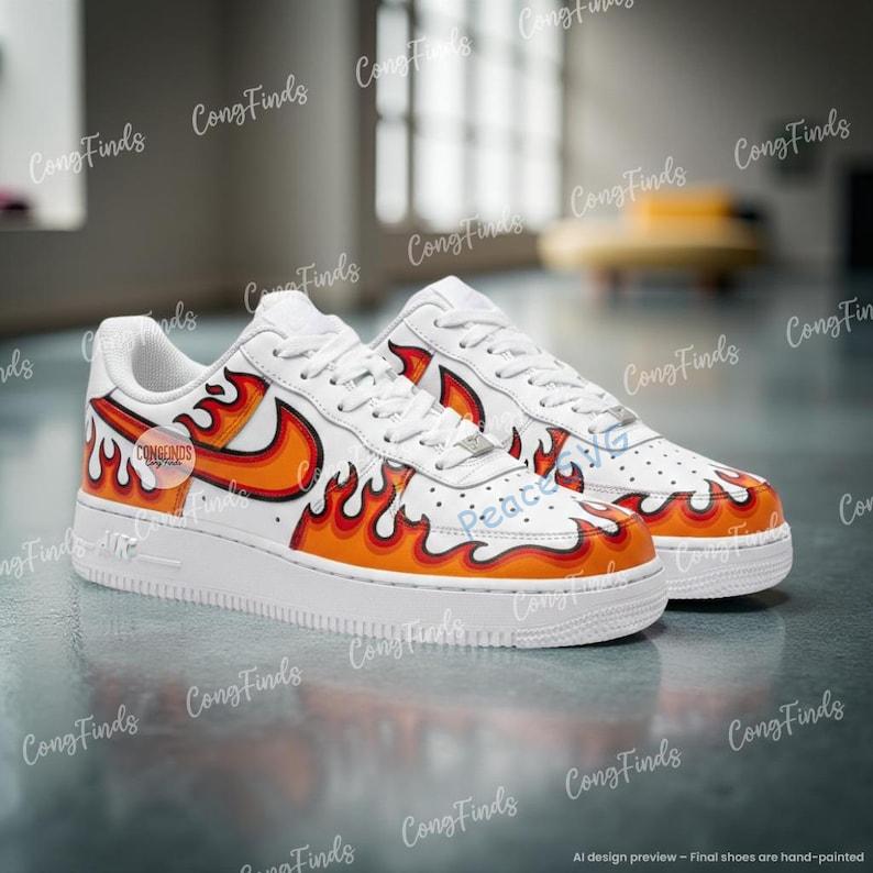 Hand-Painted Flame Air Force 1 Sneakers? Personalized Fire Swoosh AF1 Shoes