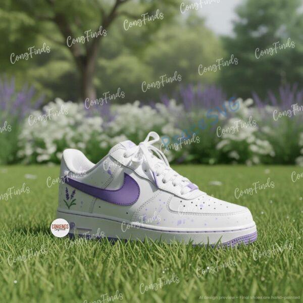 Alternative view of Hand-Painted Lavender Flower Air Force 1, Purple Splatter Sneakers, Custom Lilac Floral AF1 Shoes