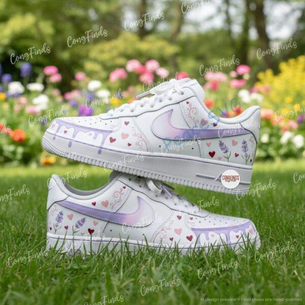 Custom Hand-Painted Lavender Air Force 1 Sneakers, Floral Heart Shoes