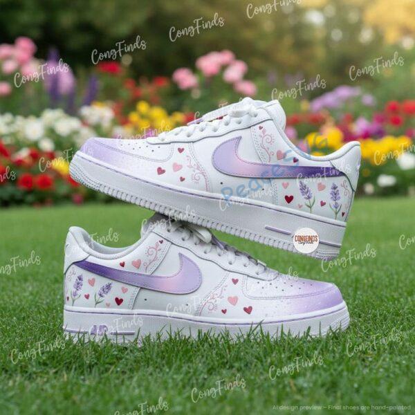 Alternative view of Custom Hand-Painted Lavender Air Force 1 Sneakers, Floral Heart Shoes