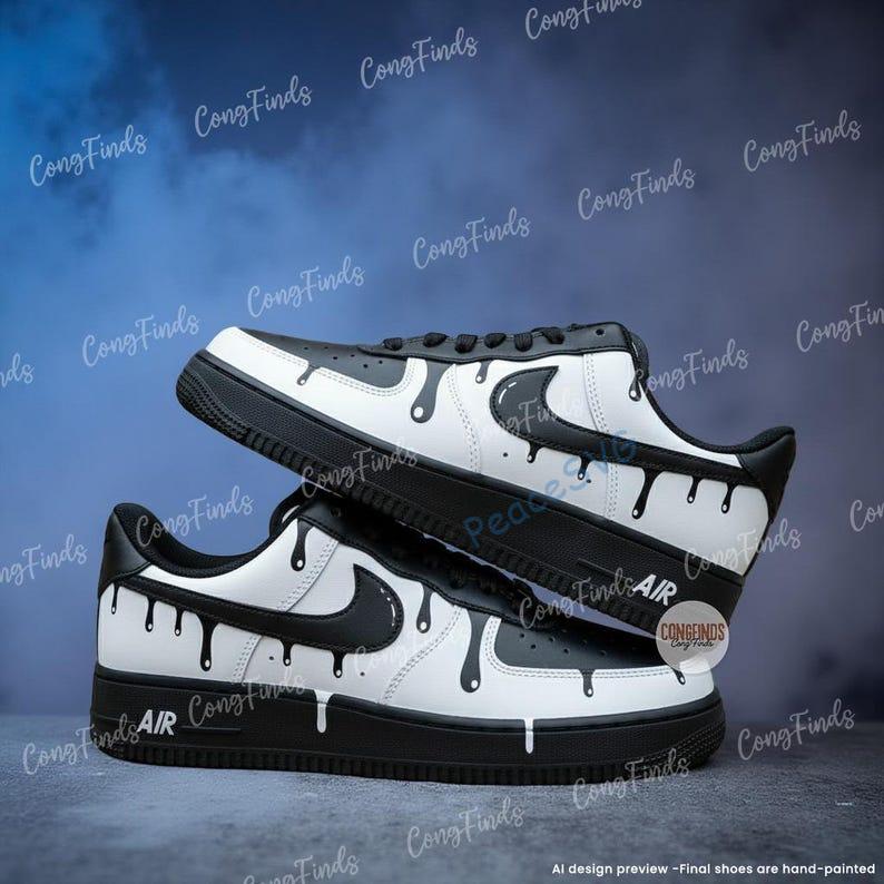 Custom Hand-Painted Black White Drip AF1 Sneakers