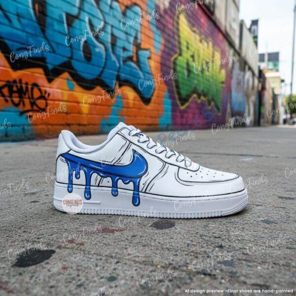 Hand-Painted Cartoon Blue Drip Air Force 1 Sneakers: Personalized AF1 Gift