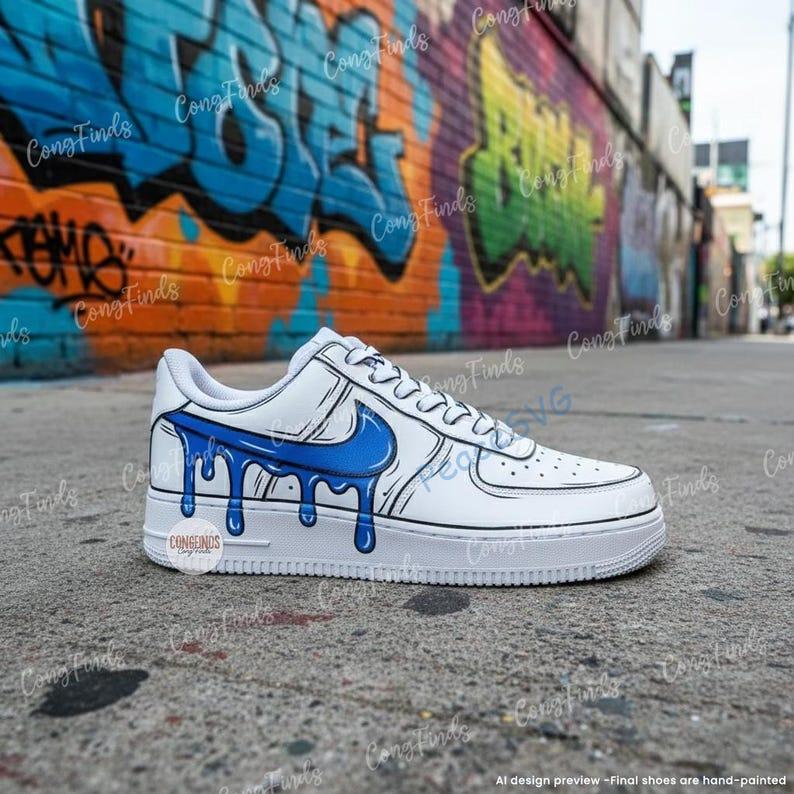 Hand-Painted Cartoon Blue Drip Air Force 1 Sneakers: Personalized AF1 Gift