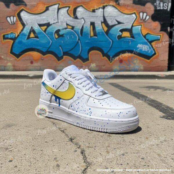 Alternative view of Custom Yellow Drip Air Force 1 – Blue Paint Splatter AF1 Sneakers, Hand-Painted Streetwear Shoes