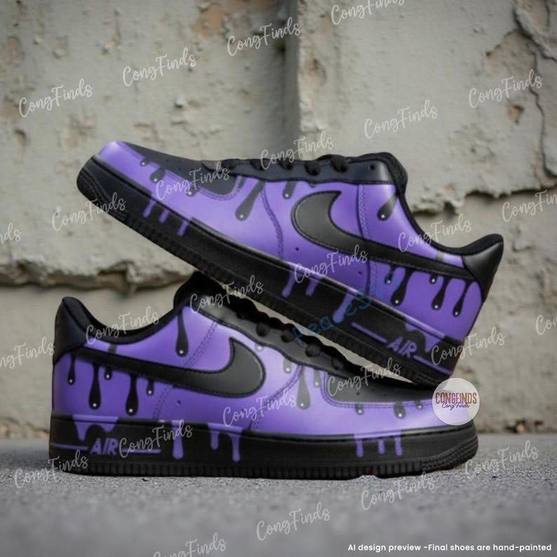 Hand-Painted Black Purple Drip AF1 Sneakers