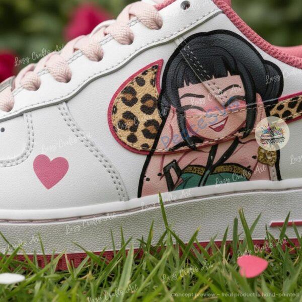 Alternative view of Custom Hand-Painted Chibi K-Pop Demon Hunter Air Force 1 Sneakers – Leopard Swoosh