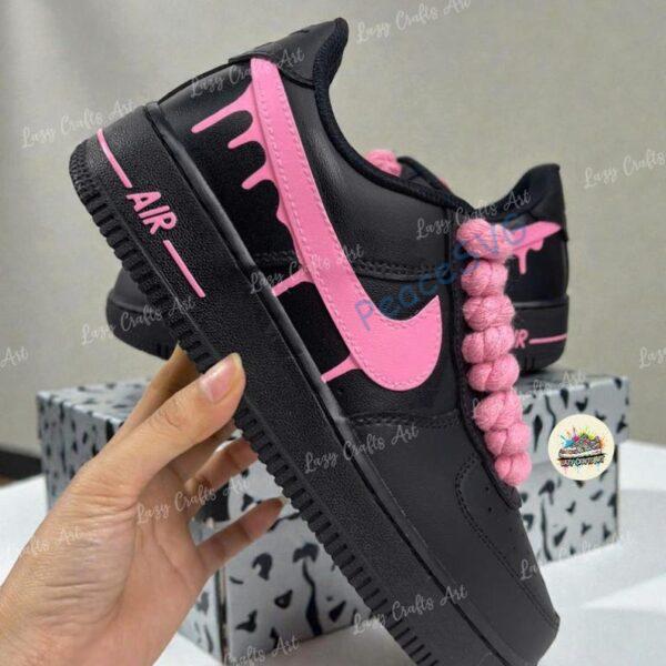 Alternative view of Custom Black Sneakers with Pink Drip | Hand-Painted Braided Laces
