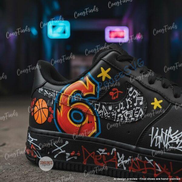 Alternative view of Custom Hand-Painted Black AF1 Sneakers: Graffiti Numbers, "Six Seven" Streetwear Shoes