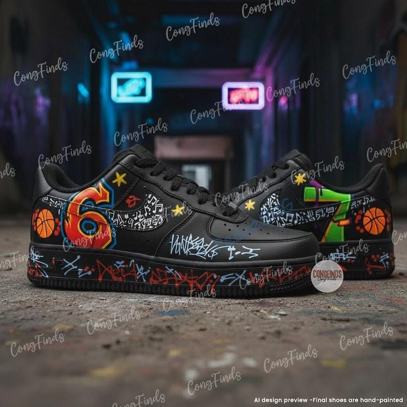 Custom Hand-Painted Black AF1 Sneakers: Graffiti Numbers