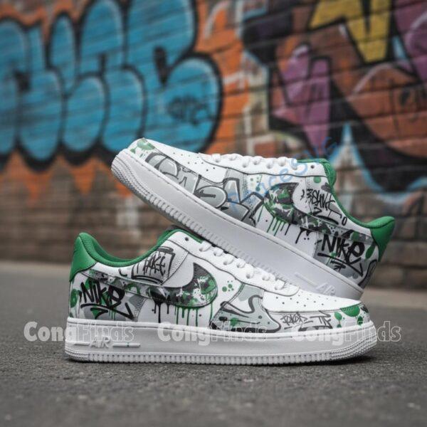 Alternative view of Hand-Painted Green Gray Graffiti AF1 Sneakers: Graffiti Streetwear Air Force 1 Shoes