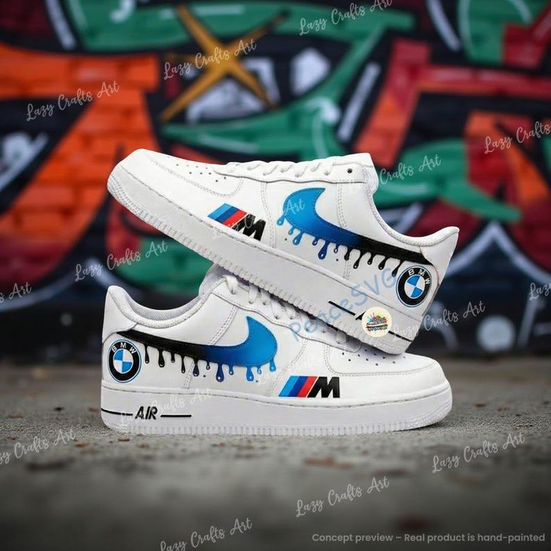Custom BMW Drip Swoosh Air Force 1 Sneakers: Hand-Painted Luxury Car AF1 Shoes