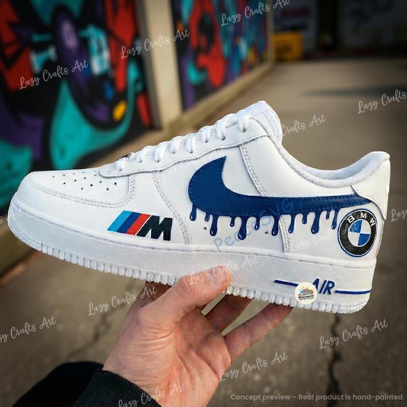 Personalized BMW Royal Blue Drip Air Force 1 Sneakers: Hand-Painted Luxury Car AF1 Shoes