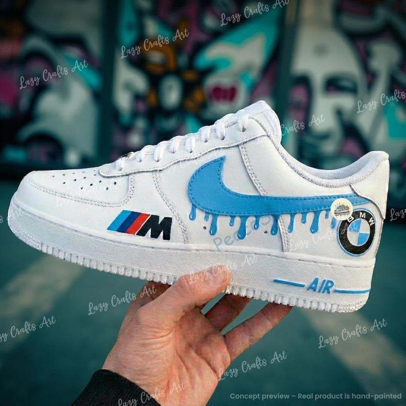 Custom Hand-Painted BMW Blue Drip Air Force 1 Sneakers: Personalized Luxury Car AF1 Shoes