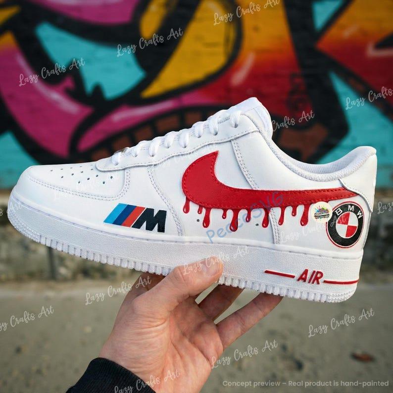 Hand-Painted BMW Red Drip Air Force 1 Sneakers: Personalized Luxury Car AF1 Shoes
