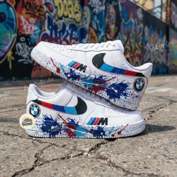 Personalized BMW Splatter Air Force 1 Sneakers: Hand-Painted Luxury Car AF1 Shoes