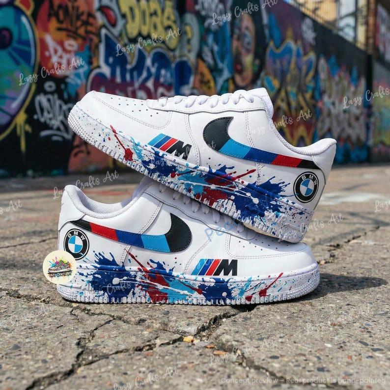Personalized BMW Splatter Air Force 1 Sneakers: Hand-Painted Luxury Car AF1 Shoes