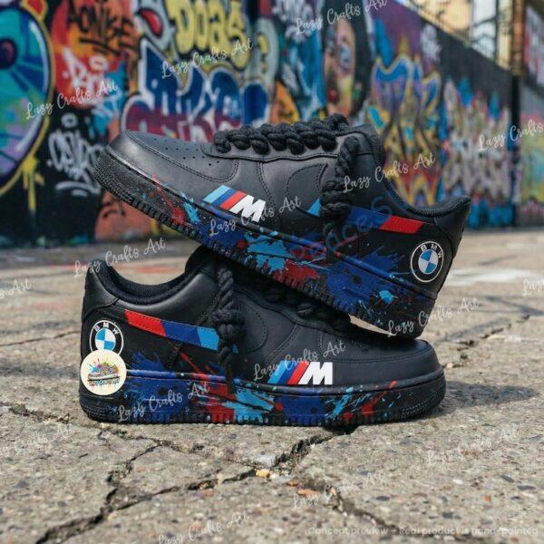 Personalized BMW Splatter Air Force 1 Sneakers: Hand Painted BMW Black AF1 Shoes