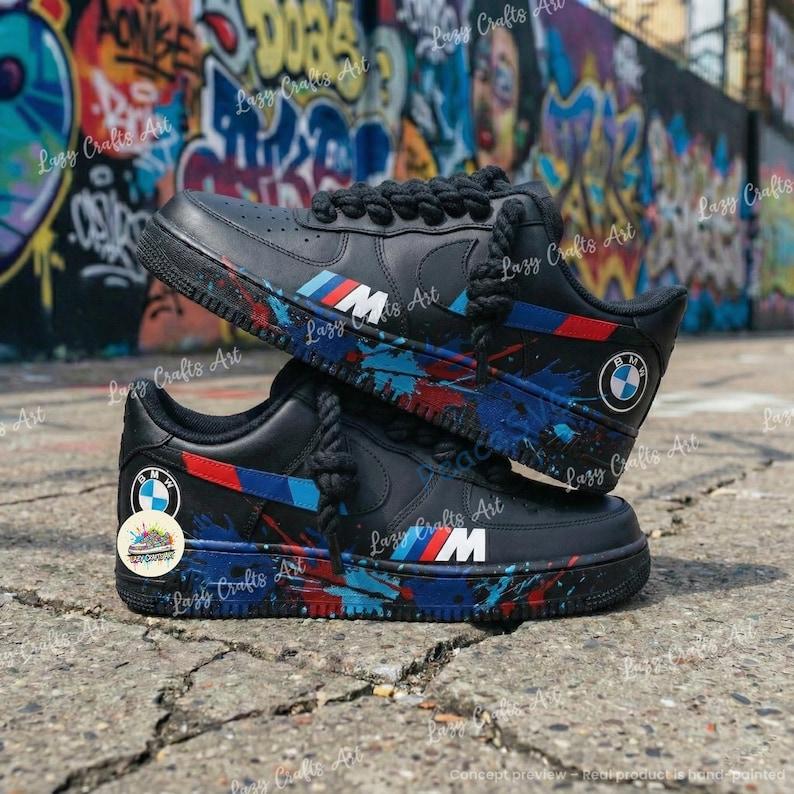 Personalized BMW Splatter Air Force 1 Sneakers: Hand Painted BMW Black AF1 Shoes