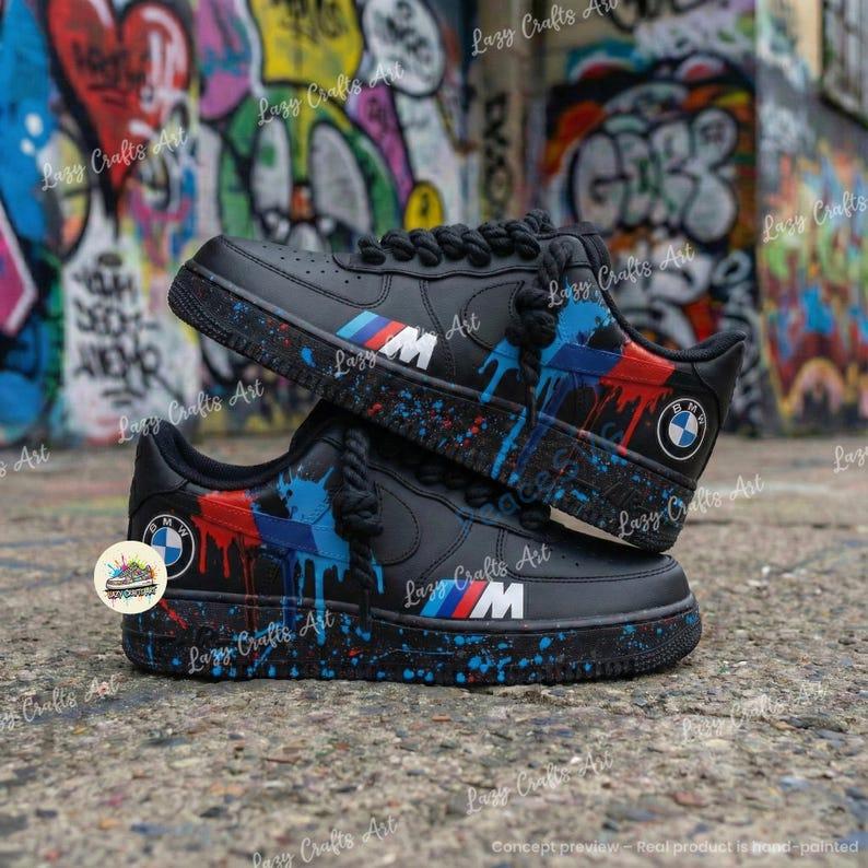 Personalized BMW Drip Splatter Air Force 1 Sneakers: Hand Painted BMW AF1 Shoes
