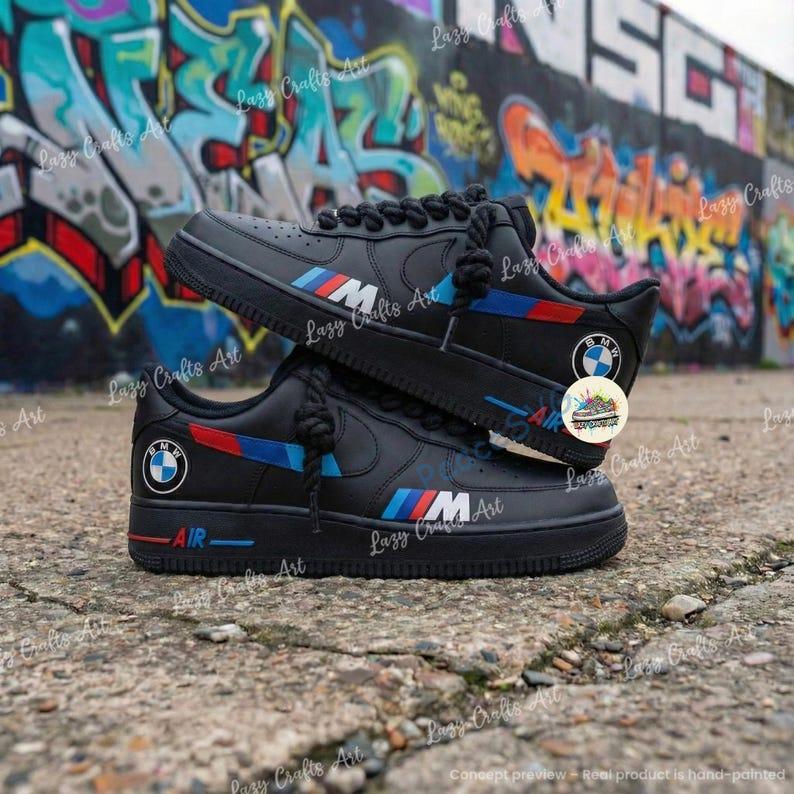 Personalized BMW Black Air Force 1 Sneakers: Hand Painted BMW AF1 Shoes