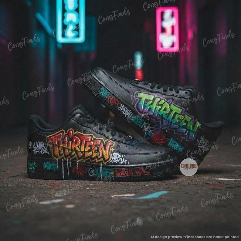 Hand-Painted Graffiti Black Air Force 1 Sneakers: Personalized Black AF1 Shoes
