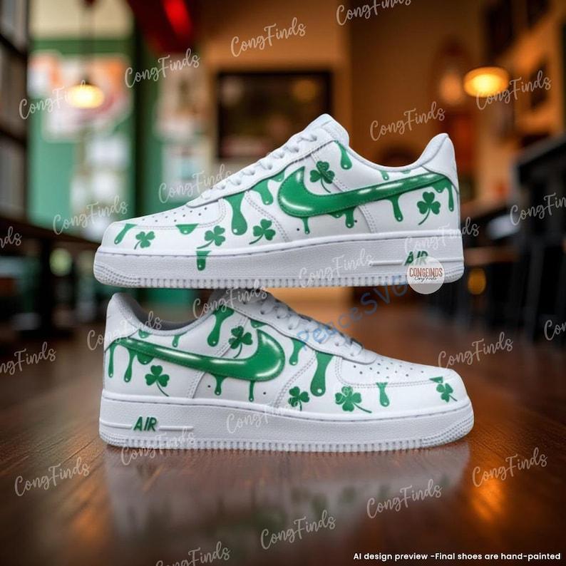 Custom Hand-painted Green Drip Air Force 1 Sneakers: Hand-Painted Irish Clover Streetwear Shoes