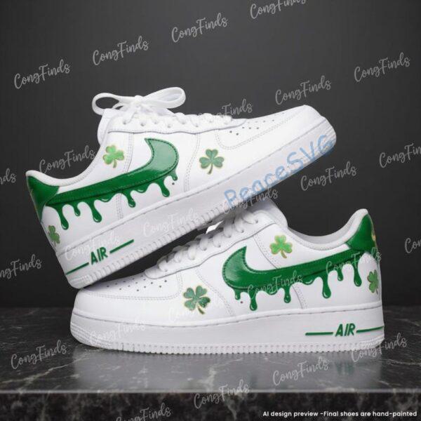 Alternative view of Hand-painted Green Drip Air Force 1 Sneakers: Custom Irish Clover Streetwear AF1 Shoes