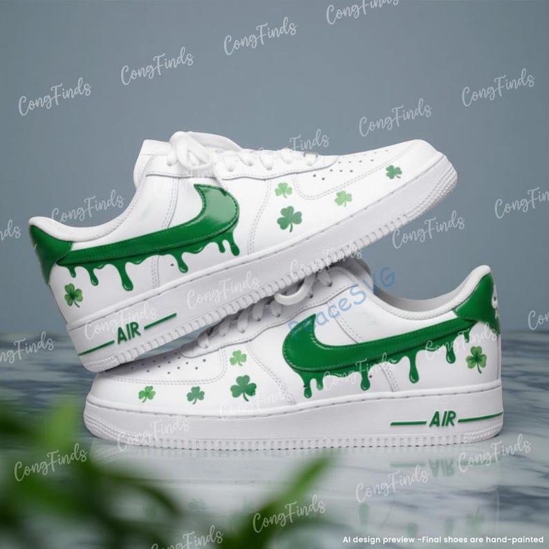Custom Hand-painted Green Drip Air Force 1 Sneakers: Hand-Painted Irish Clover Streetwear Shoes